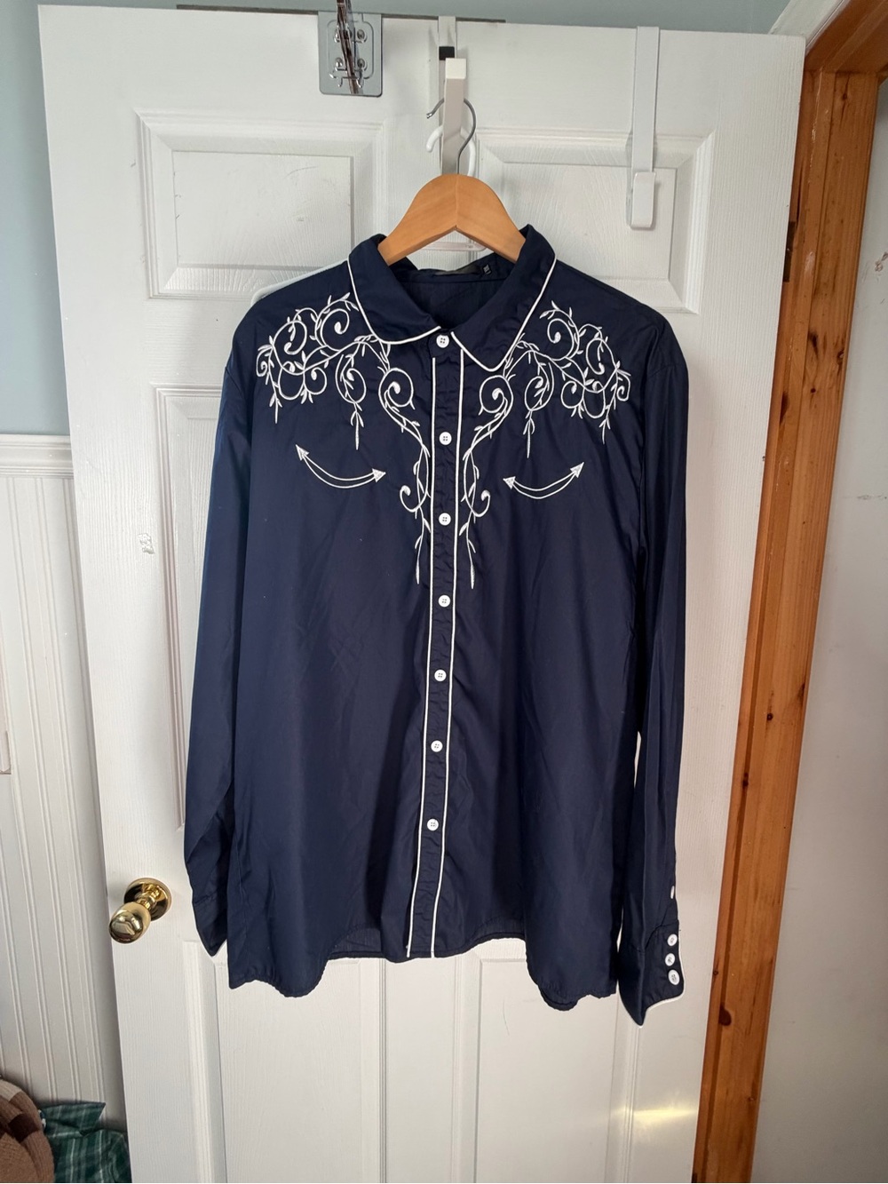 Navy Blue Western-Style Embroidered Men’s Shirt